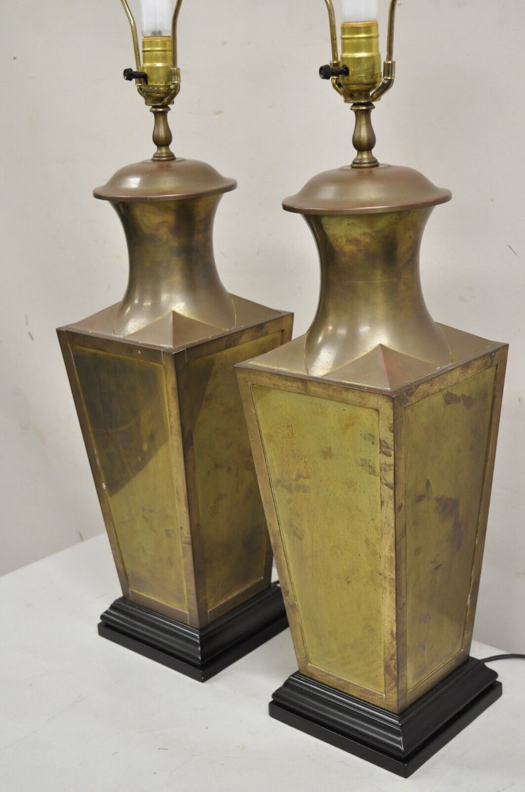 Chinoiserie Patinated Brass Square Jardiniere Table Lamp by Wildwood - a Pair