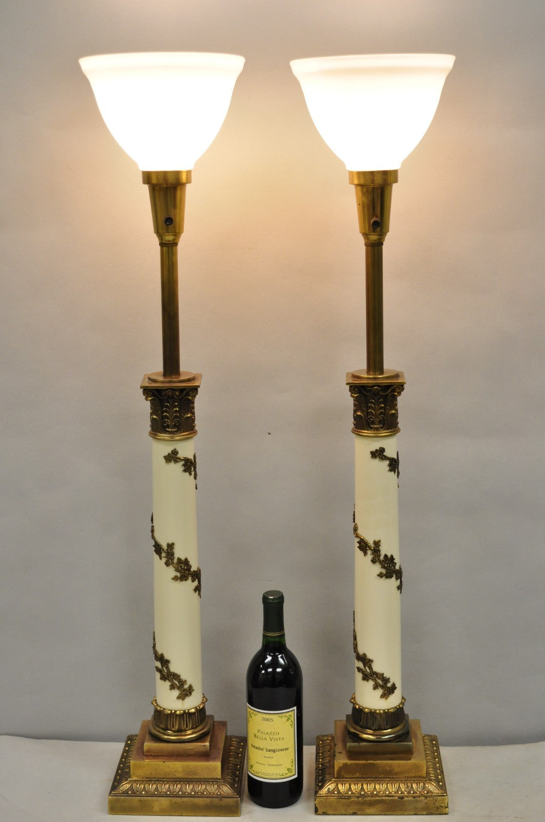 Vintage Stiffel Neoclassical Tall White Enamel Column Brass Table Lamps - a Pair