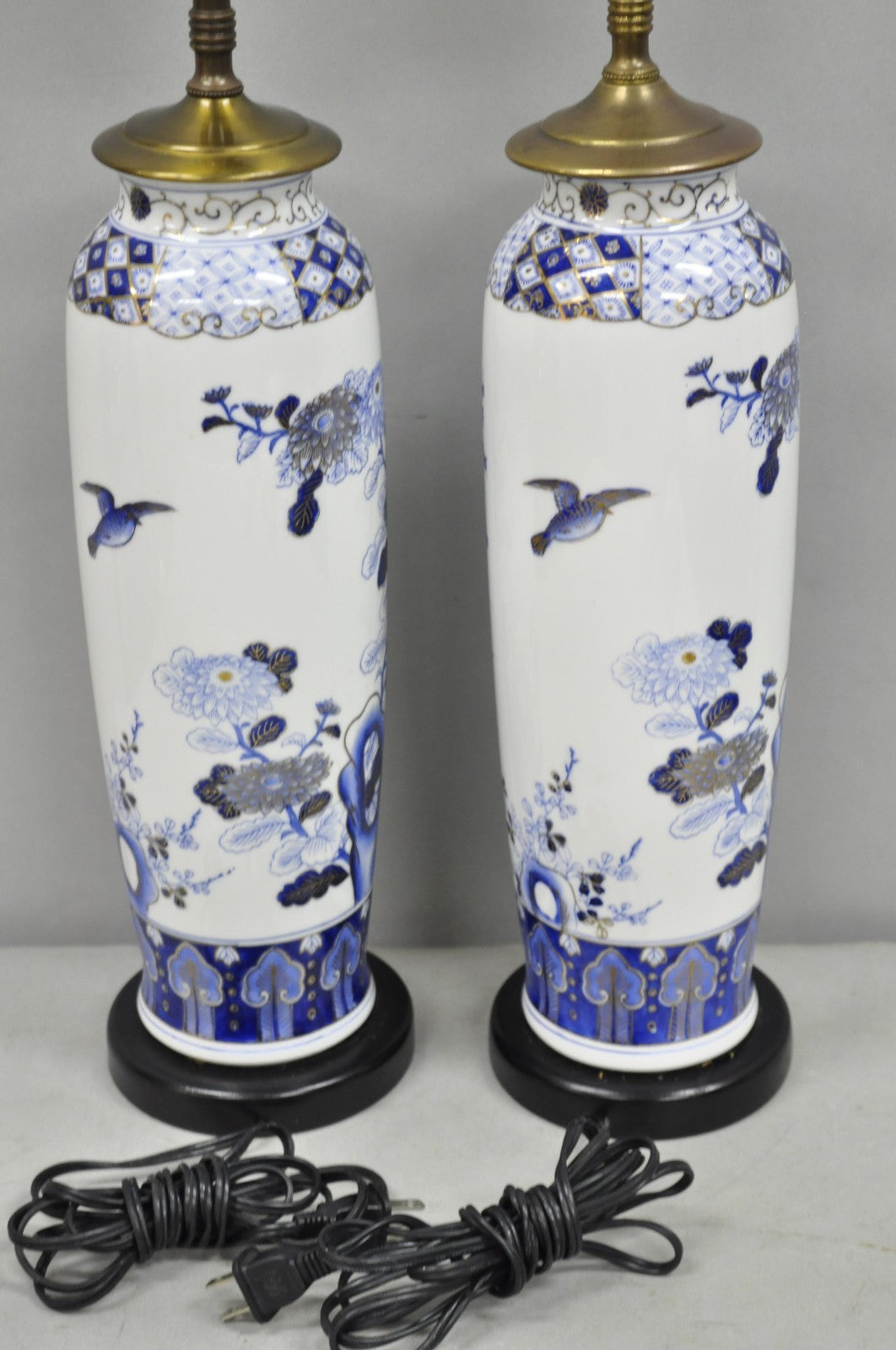 Vintage Chinoiserie Blue White Porcelain Bird & Plum Blossom Table Lamp - a Pair