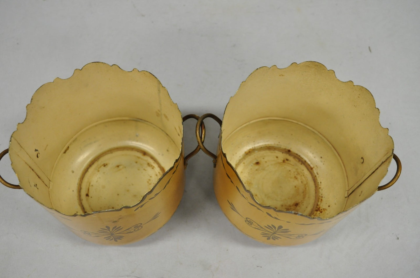 Vintage French Country Tole Metal Yellow Painted Cachepot Planter Vase - a Pair
