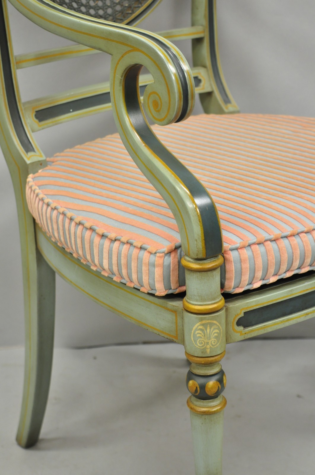 Smith & Watson Regency Adams Style Green Painted Cane Arm Chairs - a Pair
