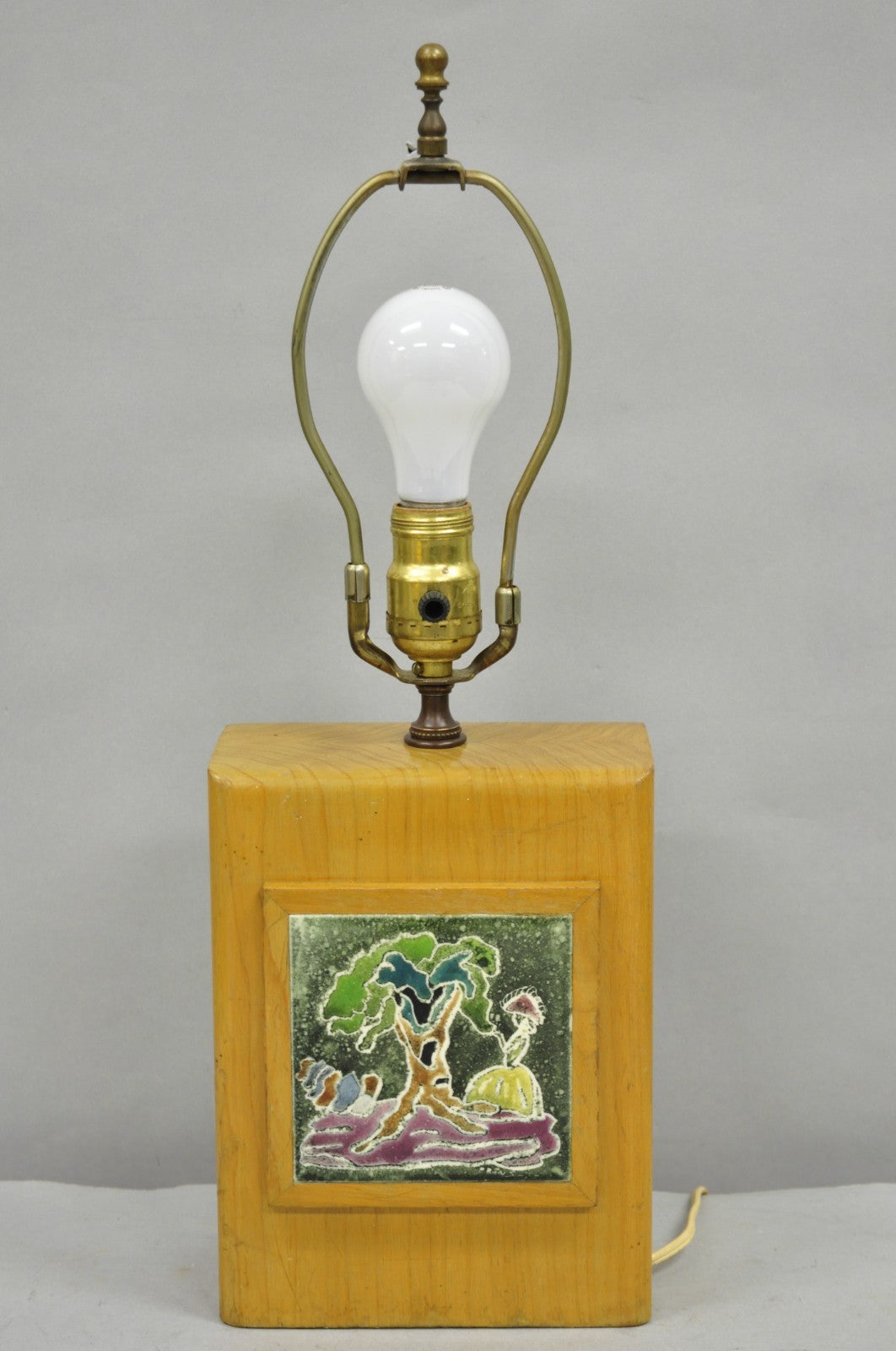 Vintage J. Warner Prins Tile Mid Century Modern Cerused Wood Small Table Lamp
