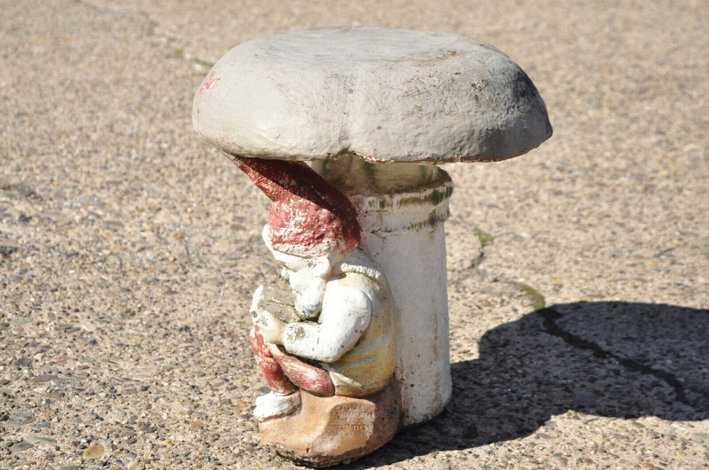 Vintage Cement Concrete Figural Elf under Mushroom Garden Stool Seat