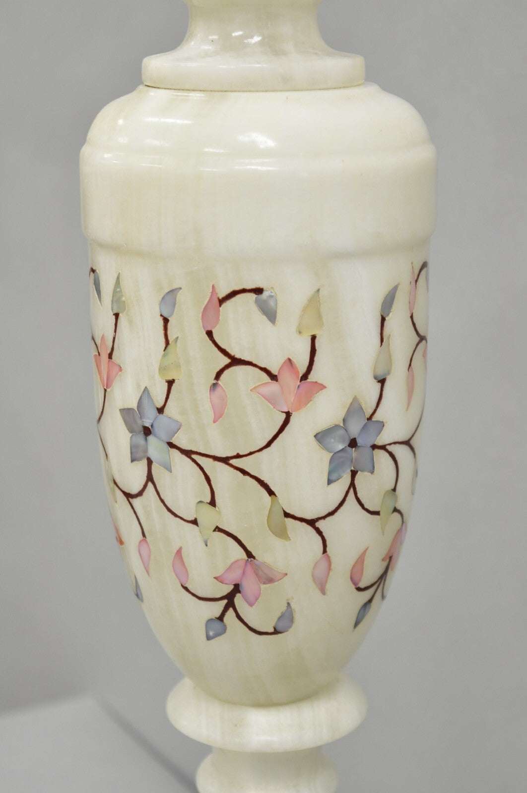 Vintage Italian Hollywood Regency Alabaster Table Lamp w/ Stone Floral Inlay