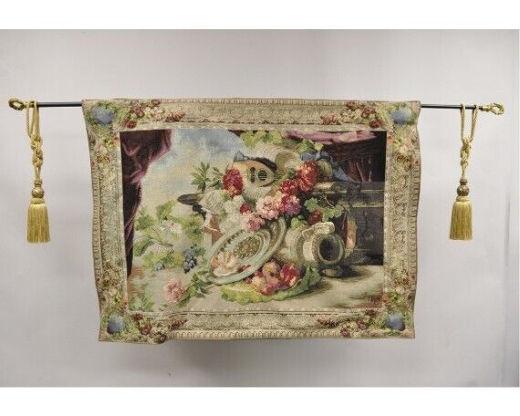 Jacquard Woven French Wall Tapestry Still Life Flowers & Mandolin by J&D