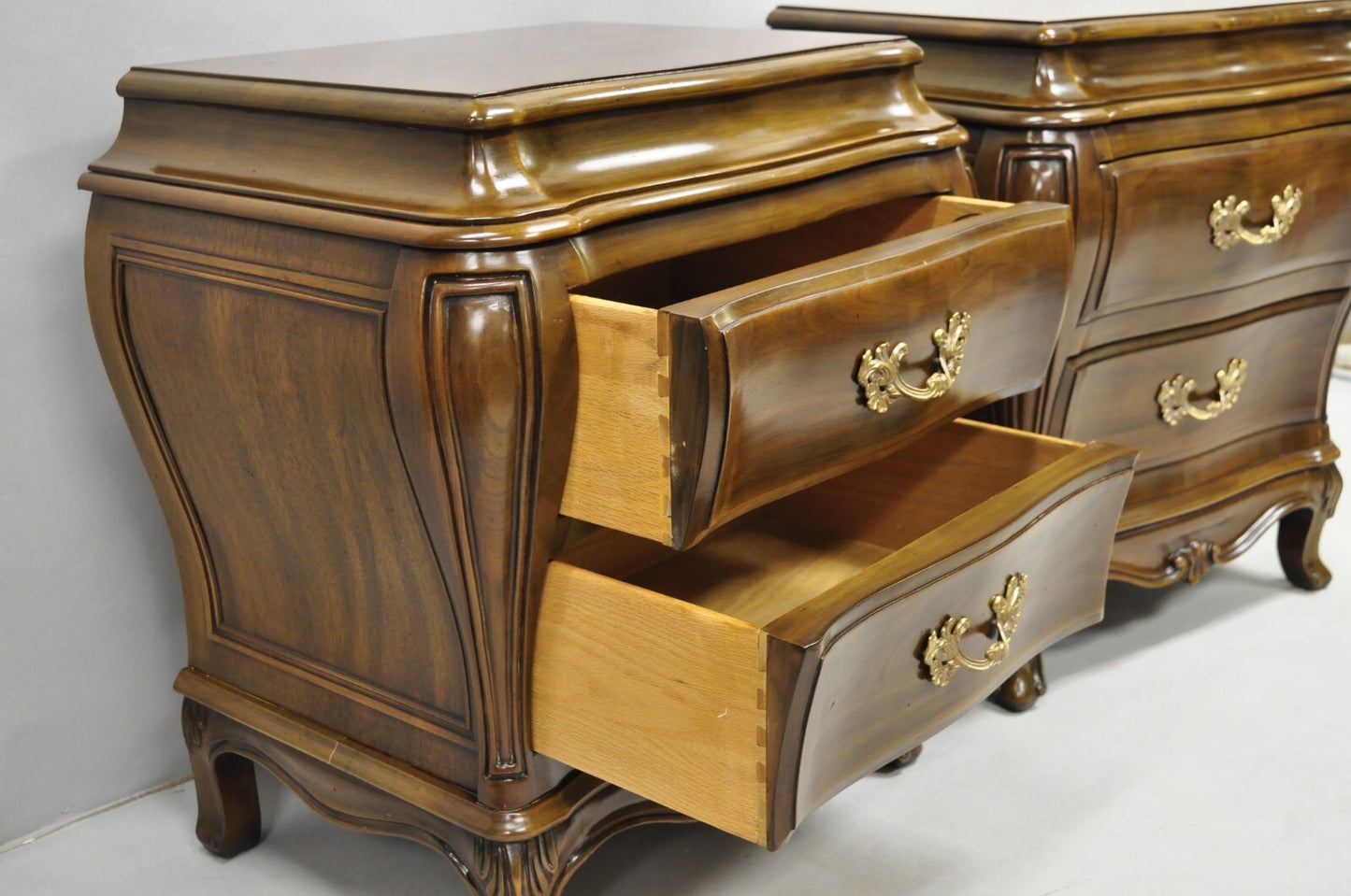 Karges French Louis XV Provincial Style Cherry Wood Bombe Nightstands - a Pair