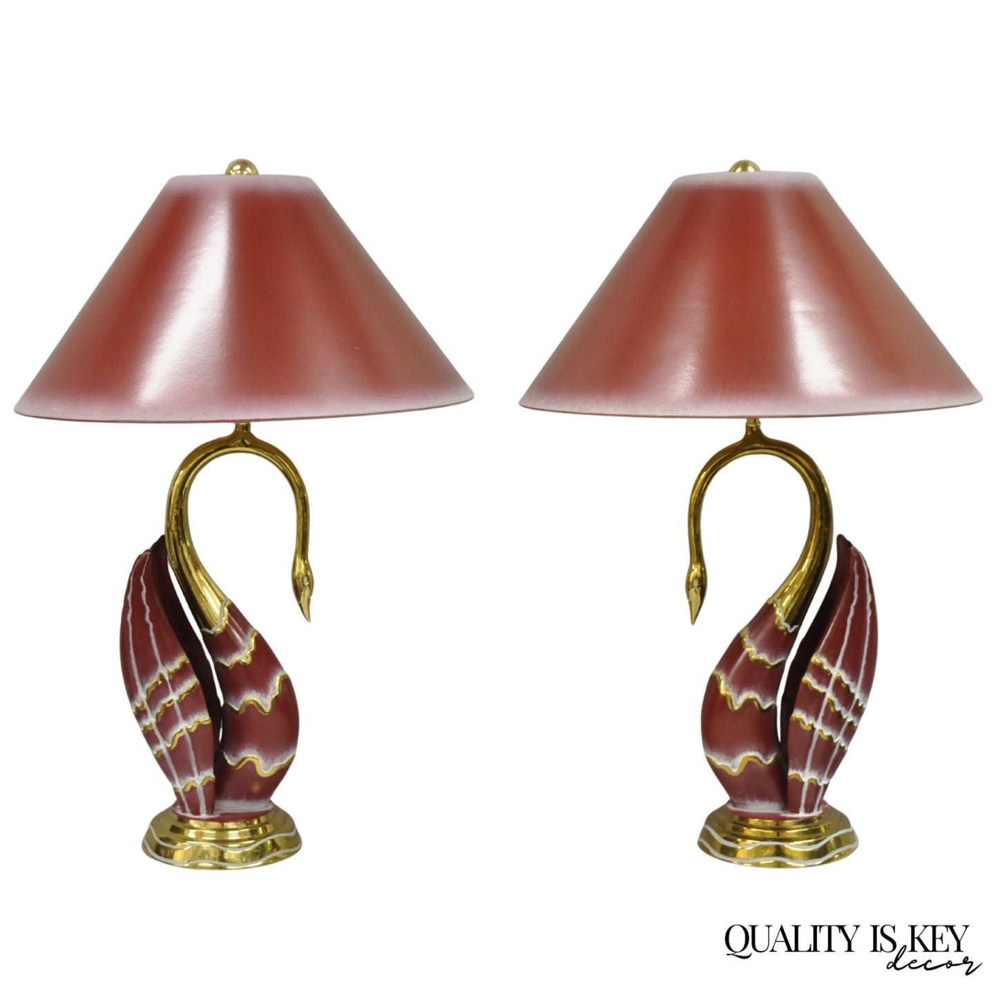 Vintage Art Nouveau Modern Brass Figural Swan Gold Red Table Lamps w Shades Pair
