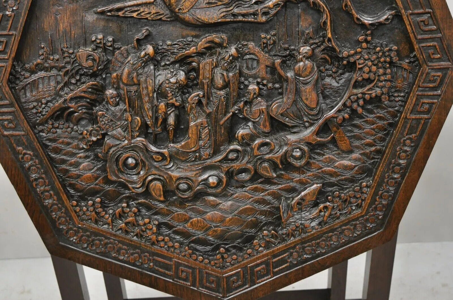 Antique Chinese Carved Hardwood Folding Gate Leg Table with Figural Carvings