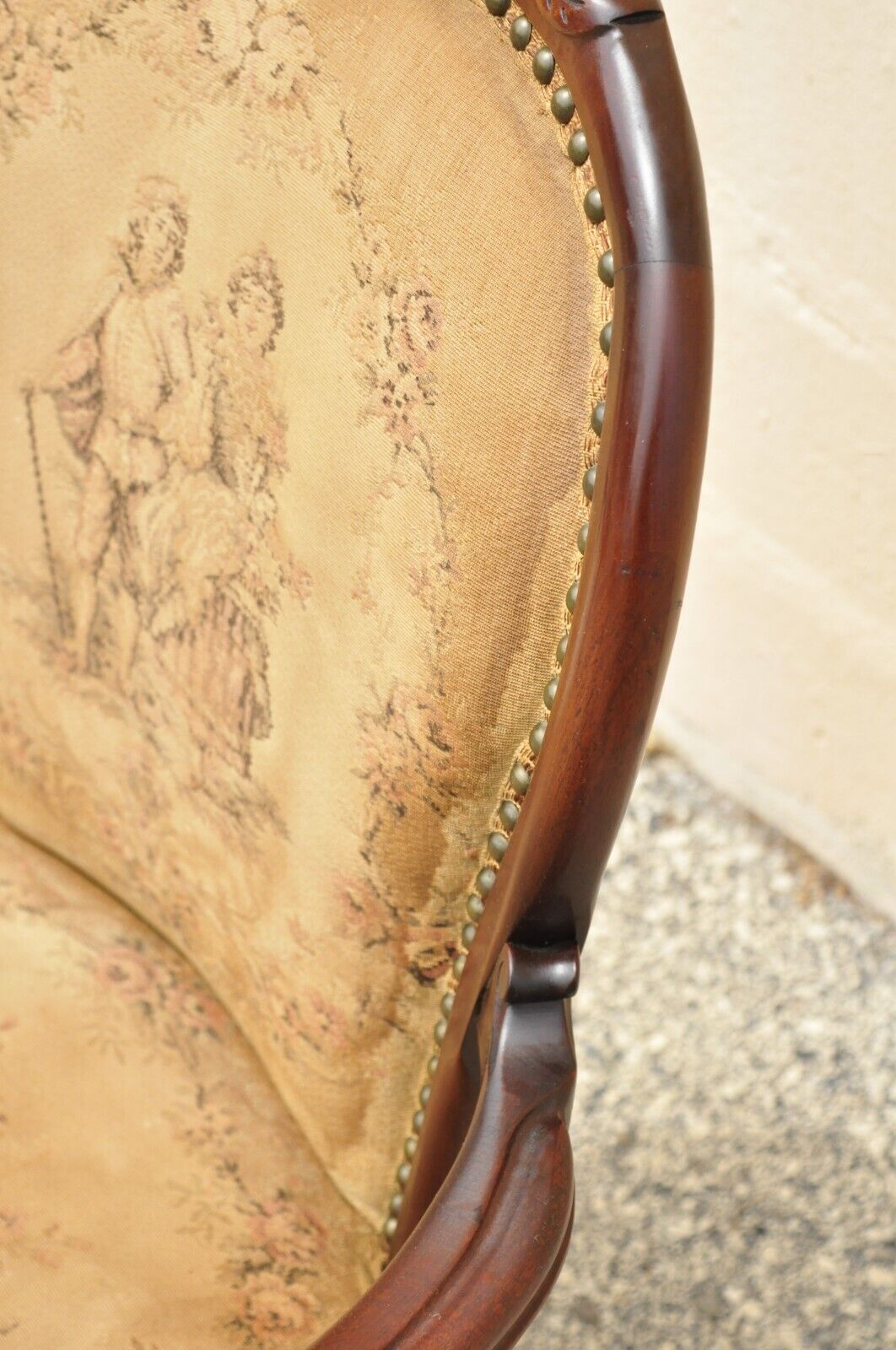 Vintage French Victorian Style Carved Mahogany Frame Lounge Arm Chair