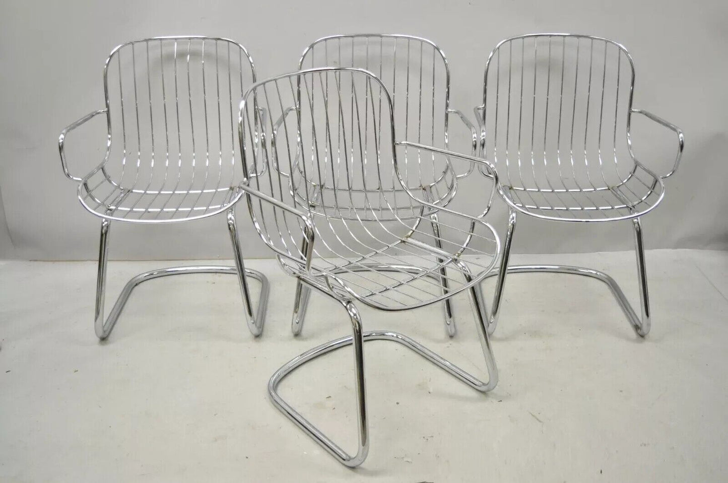 Mid Century Italian Modern Tubular Chrome Cantilever Dining Arm Chair - Set of 4
