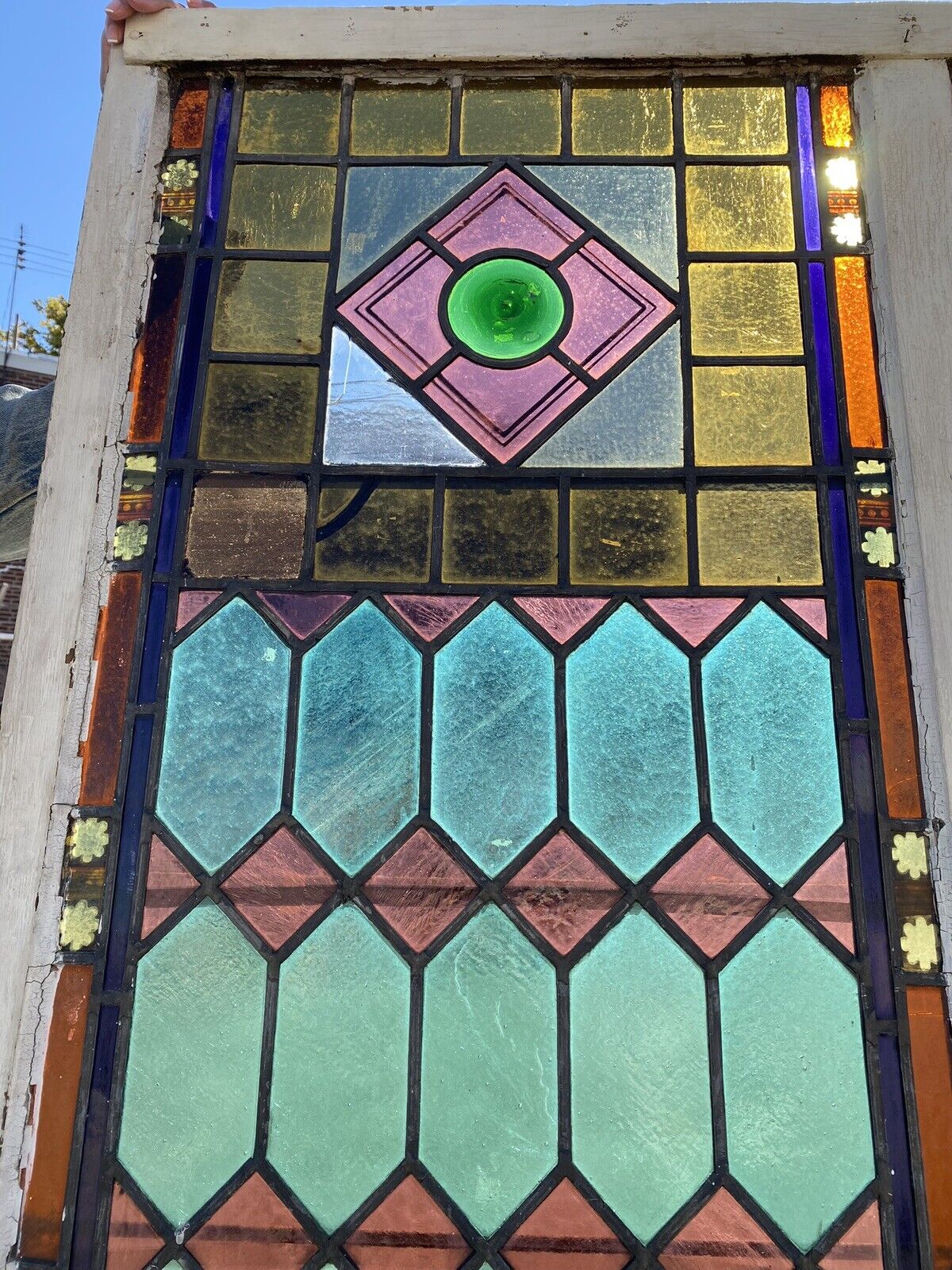 Antique Victorian 70 x 48 Double Stained Glass Window Pink Blue Green Jeweled