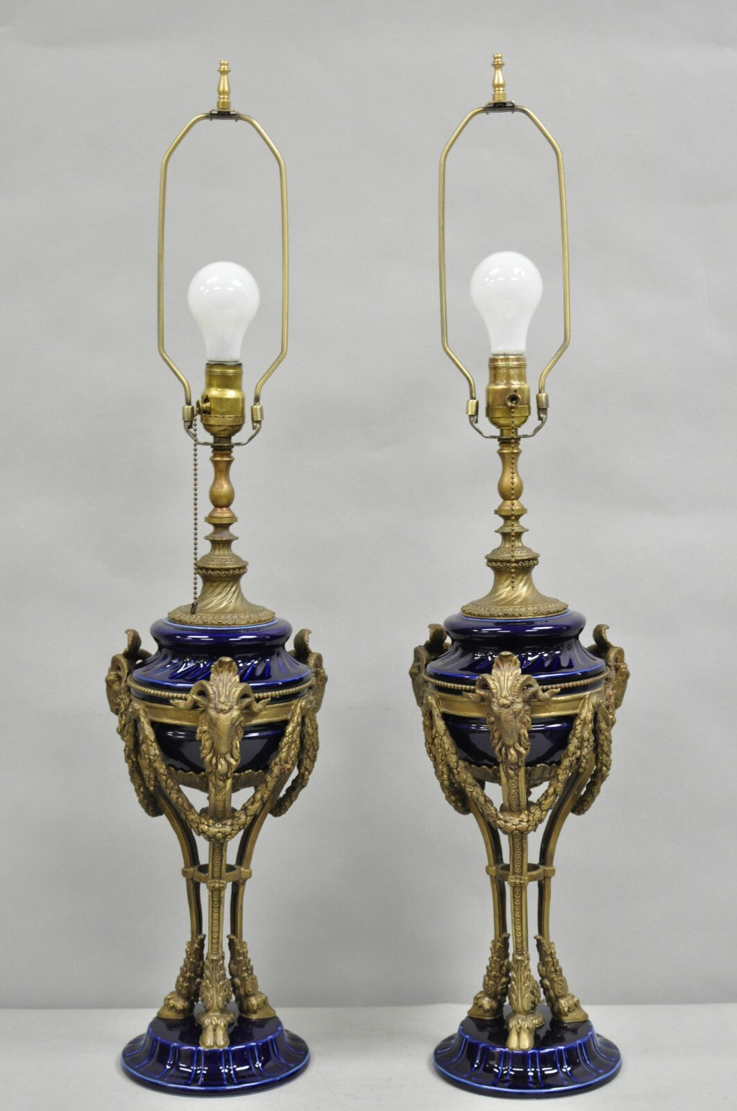 French Empire Neoclassical Bronze Ram Head Cobalt Blue Porcelain Table Lamp Pair