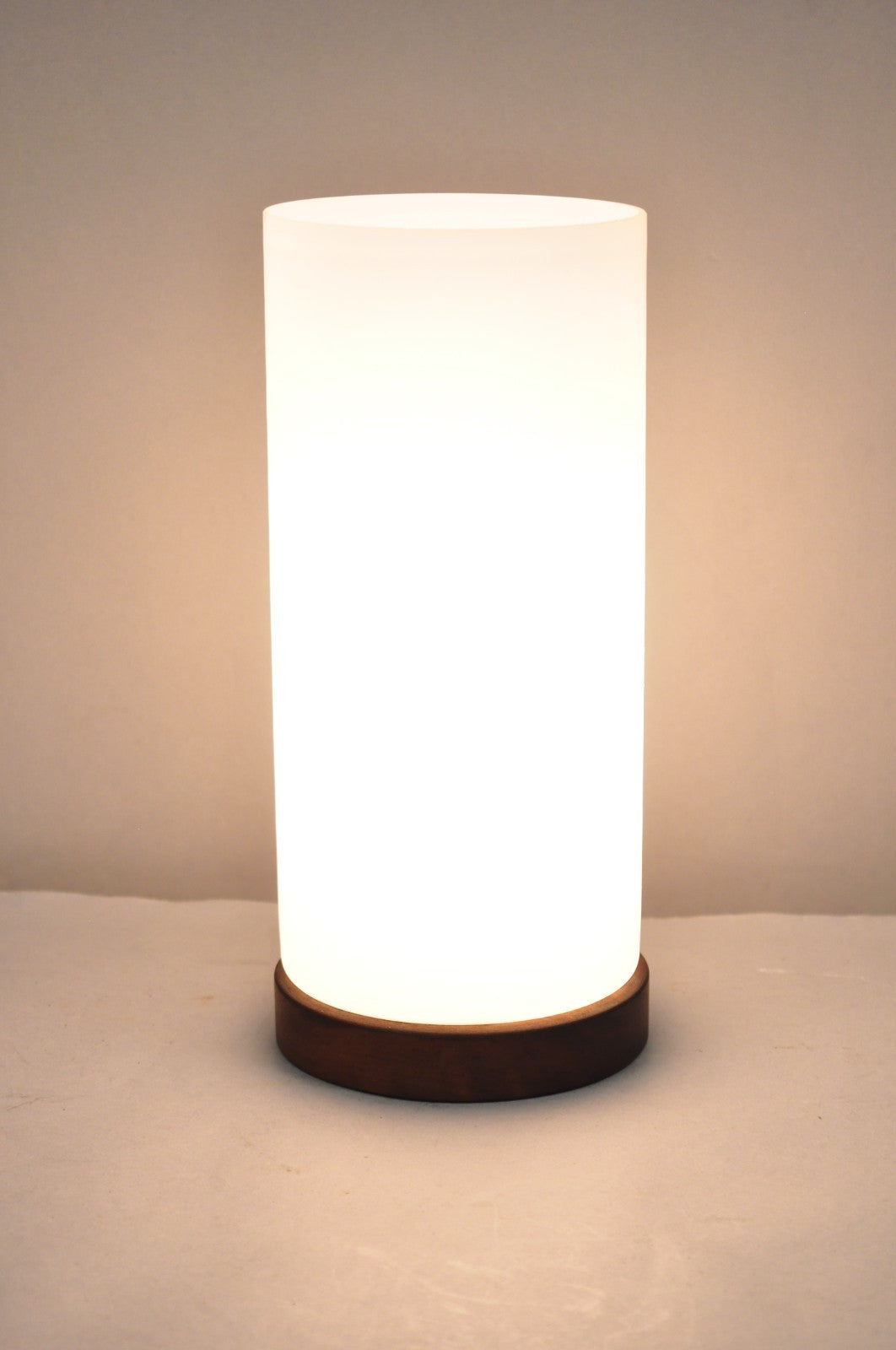 Vintage Mid Century Swedish Modern Frosted Glass Cylinder Small Teak Table Lamp