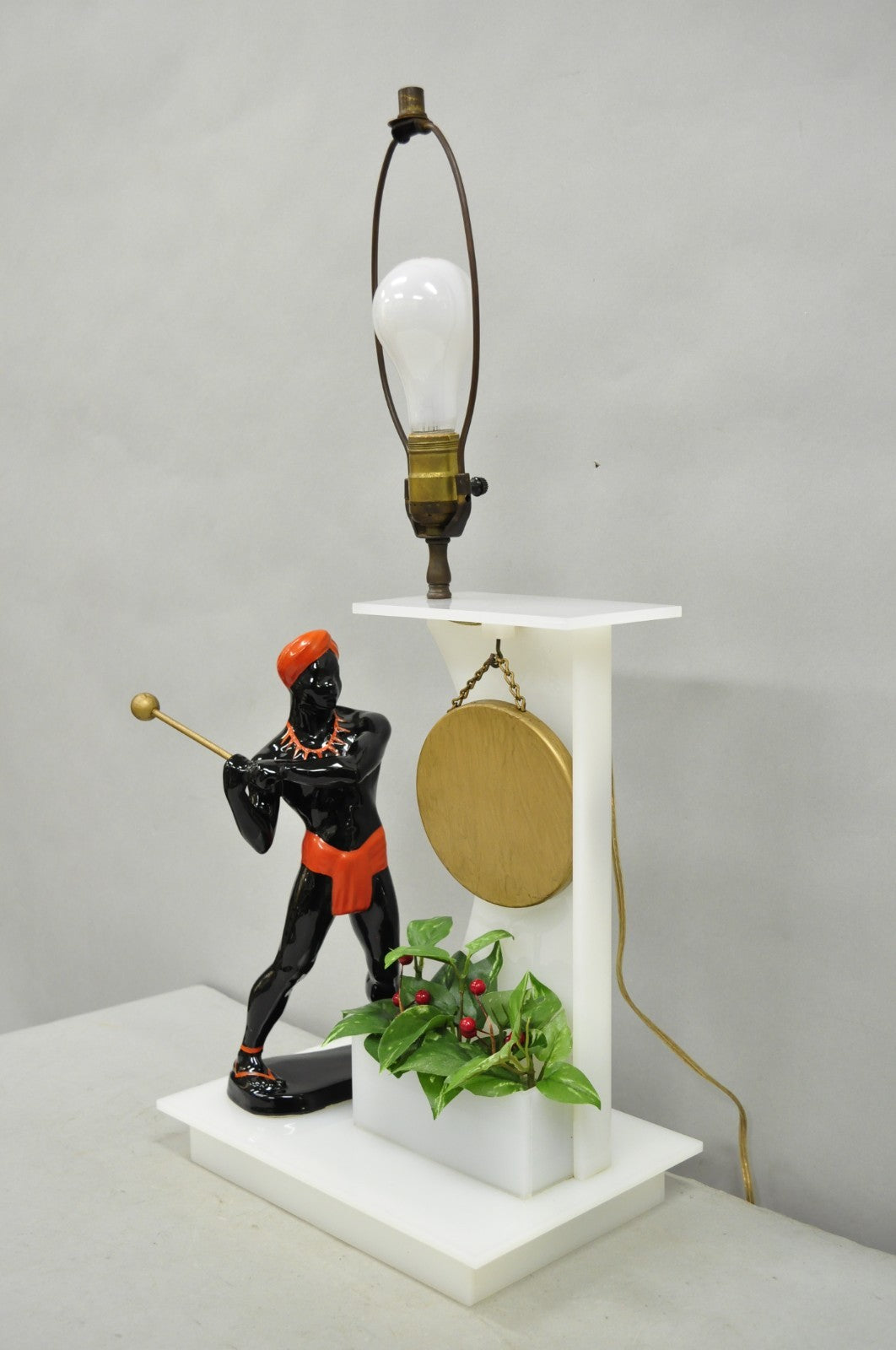 Vintage Mid Century Modern Figural African Black Male w/ Gong Acrylic Table Lamp