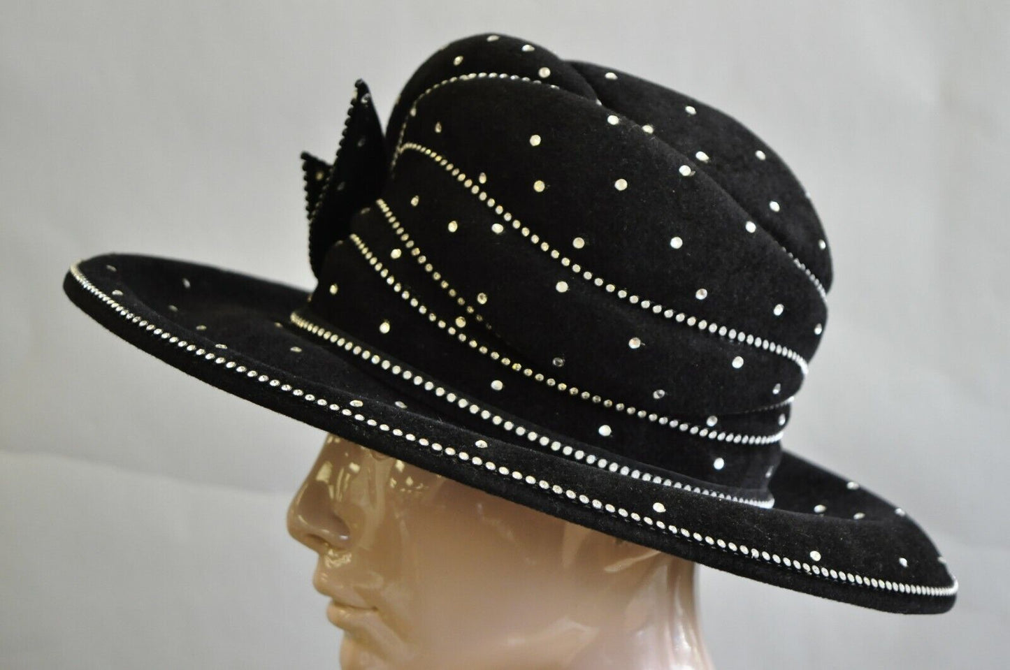 Vintage Makins New York Black Rhinestone Bow Wide Brim Church Derby Ladies Hat