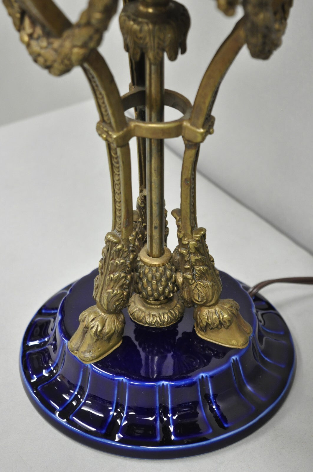 French Empire Neoclassical Bronze Ram Head Cobalt Blue Porcelain Table Lamp Pair