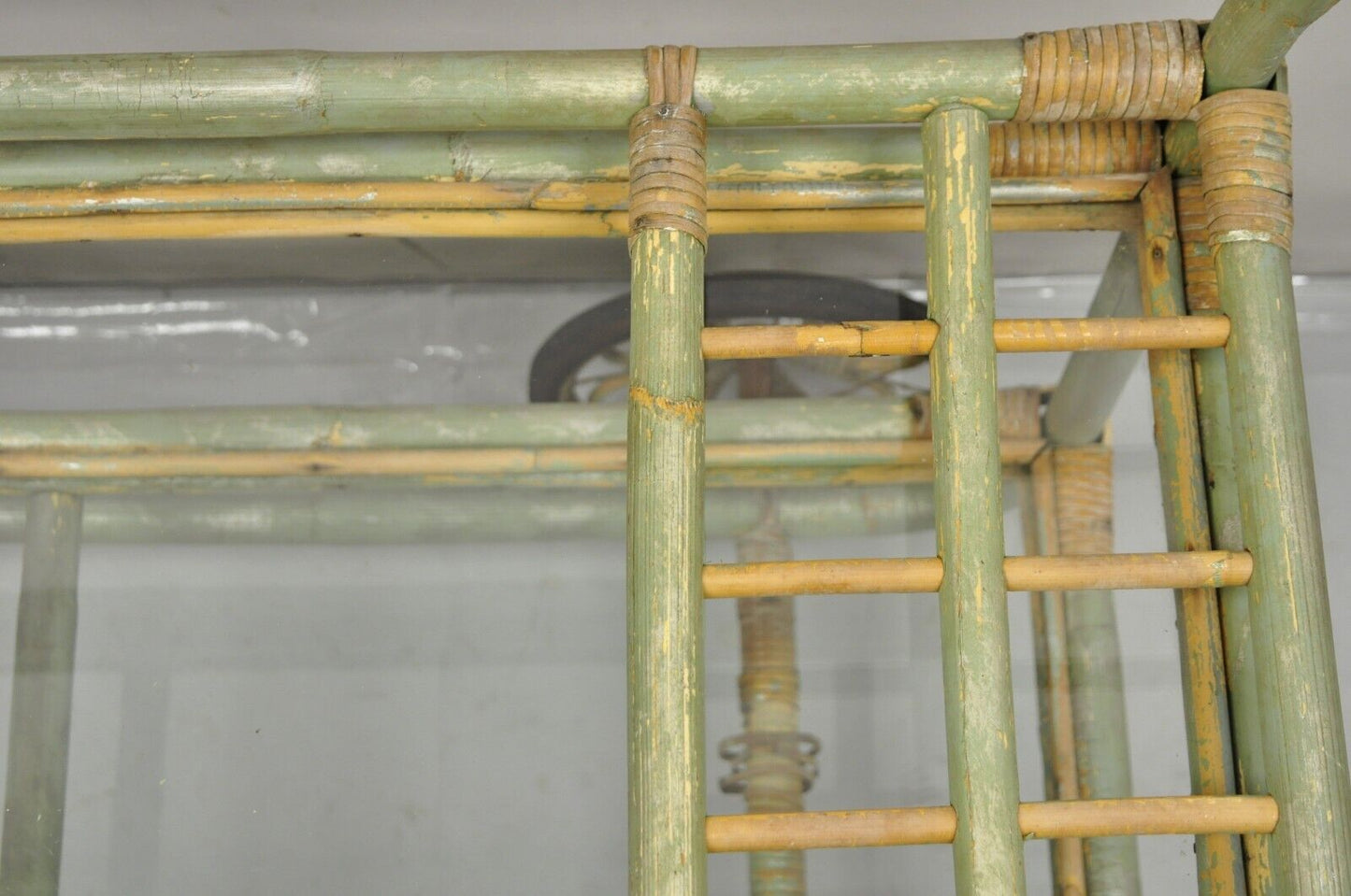 Vintage Boho Chic Bamboo Rattan Bentwood Green 2 Tier Rolling Bar Cart Server