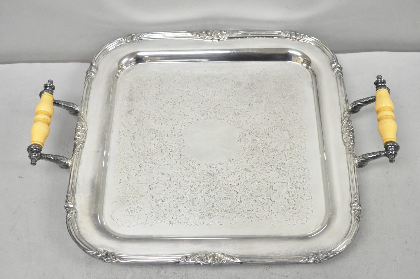 Vintage Sheffield Silver Plated Square Serving Bar Tray w/ Celluloid Handles