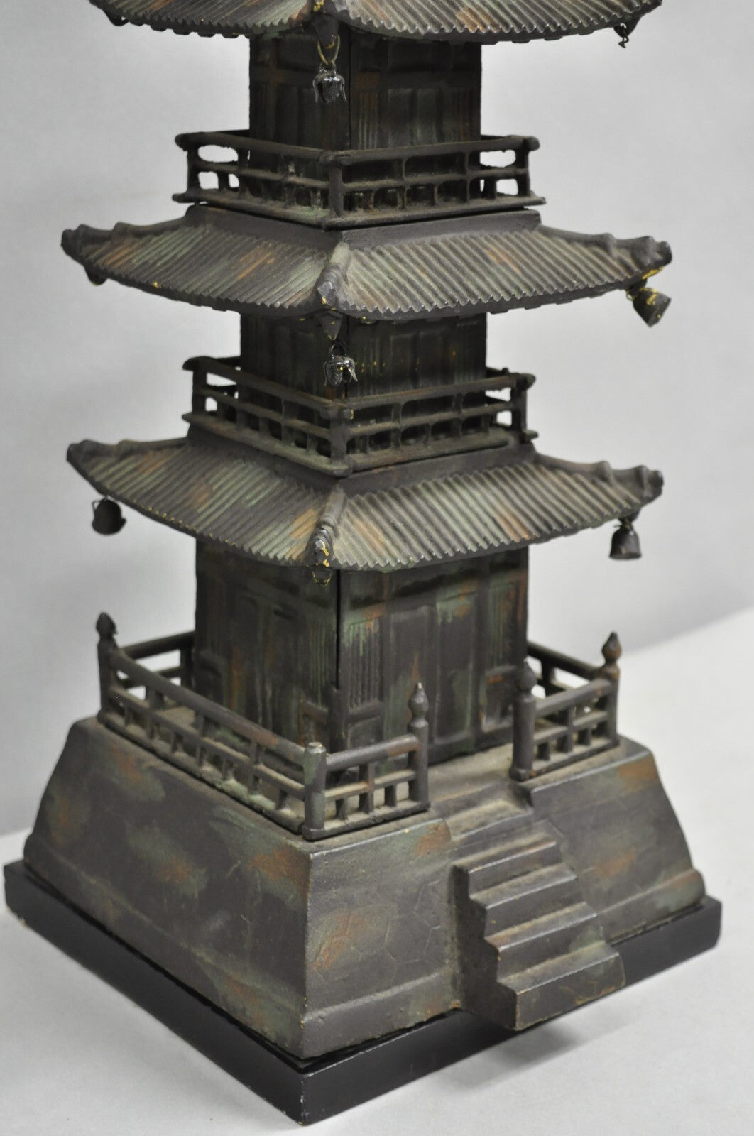 Vintage Chinoiserie Cast Iron Chinese Buddhist Pagoda Temple Table Lamp