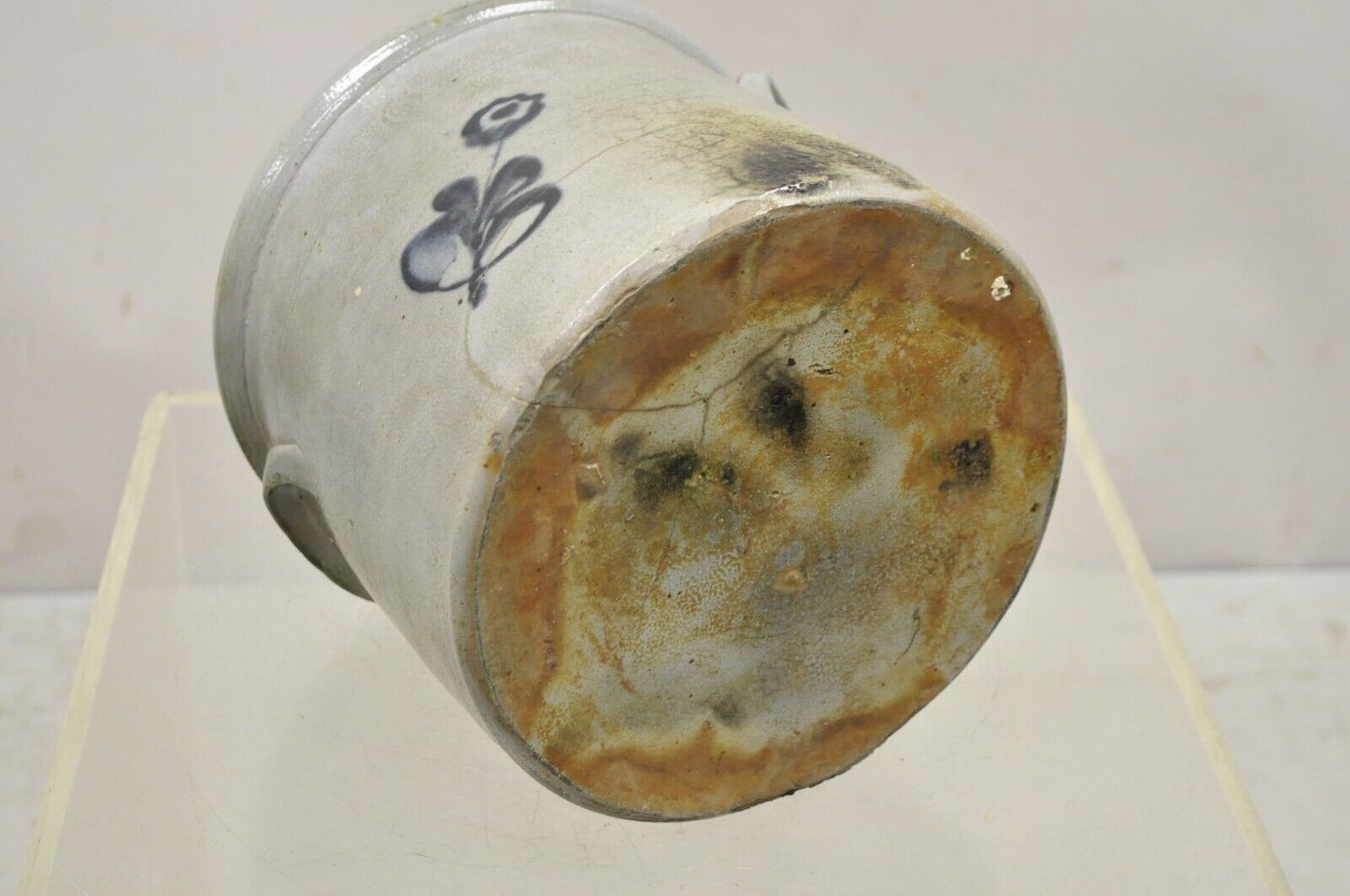 Antique Stoneware Salt Glazed 9" Round Pottery Crock Pot with Blue Flower
