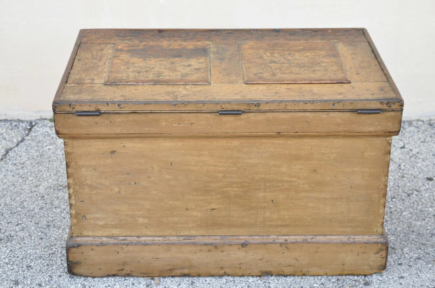 Antique 19th C French Hand Painted Distressed Wood Blanket Chest Dovetail Trunk