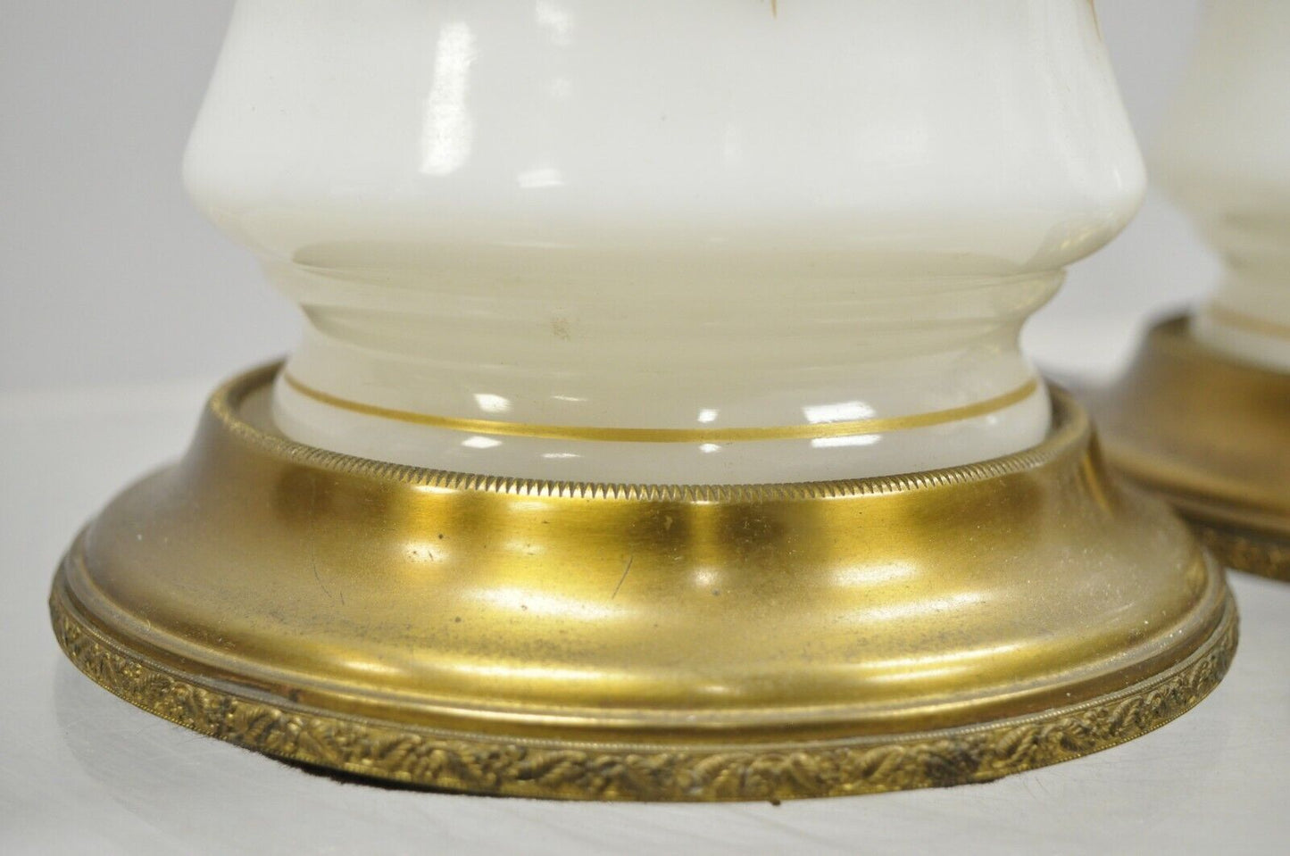 Vintage French Neoclassical Gold Gilt White Porcelain Column Table Lamps - Pair