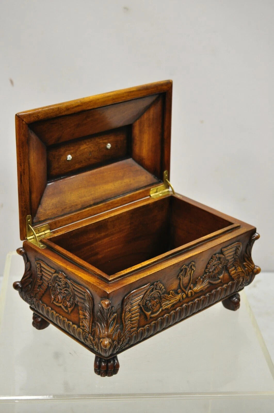 French Empire Rococo Style Carved Mahogany Paw Foot Jewelry Vanity Trinket Box