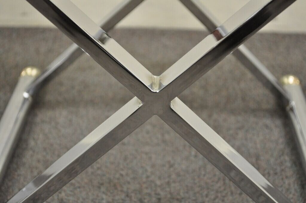 Mid Century Modern Hollywood Regency Chrome Brass Glass X Form Side Table - Pair