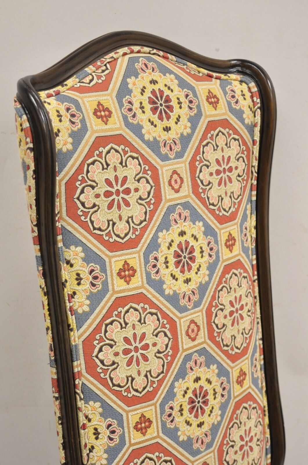 French Country Provincial Style Carved Walnut High Back Blue & Red Lounge Chair