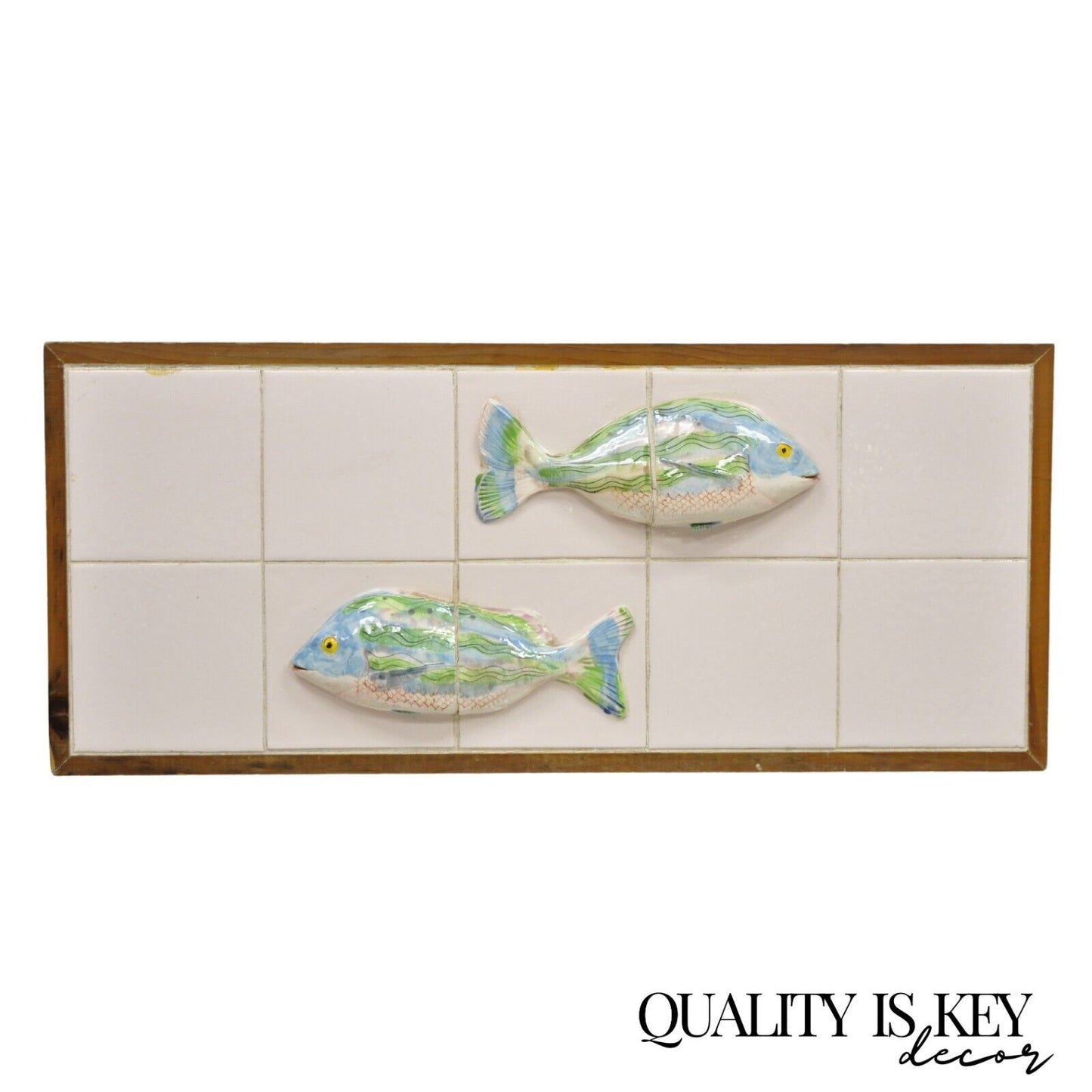 Vintage Mid Century Modern Glazed Ceramic Tile Framed Blue Green Fish Wall Art