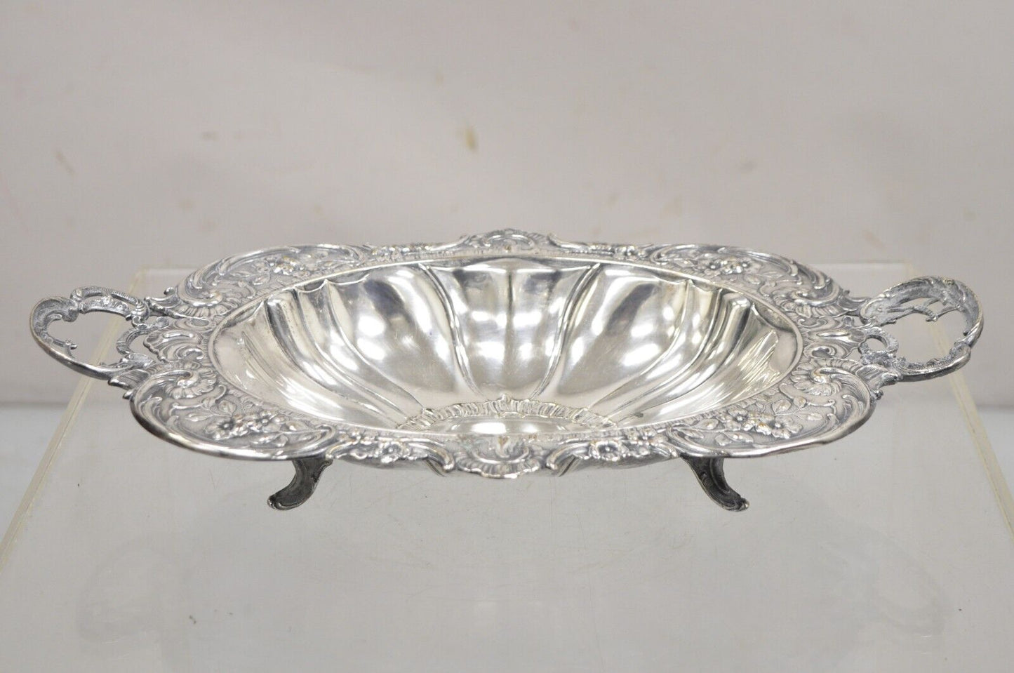Vintage English Victorian Floral Repousse Ornate Twin Handle Footed Dish Bowl