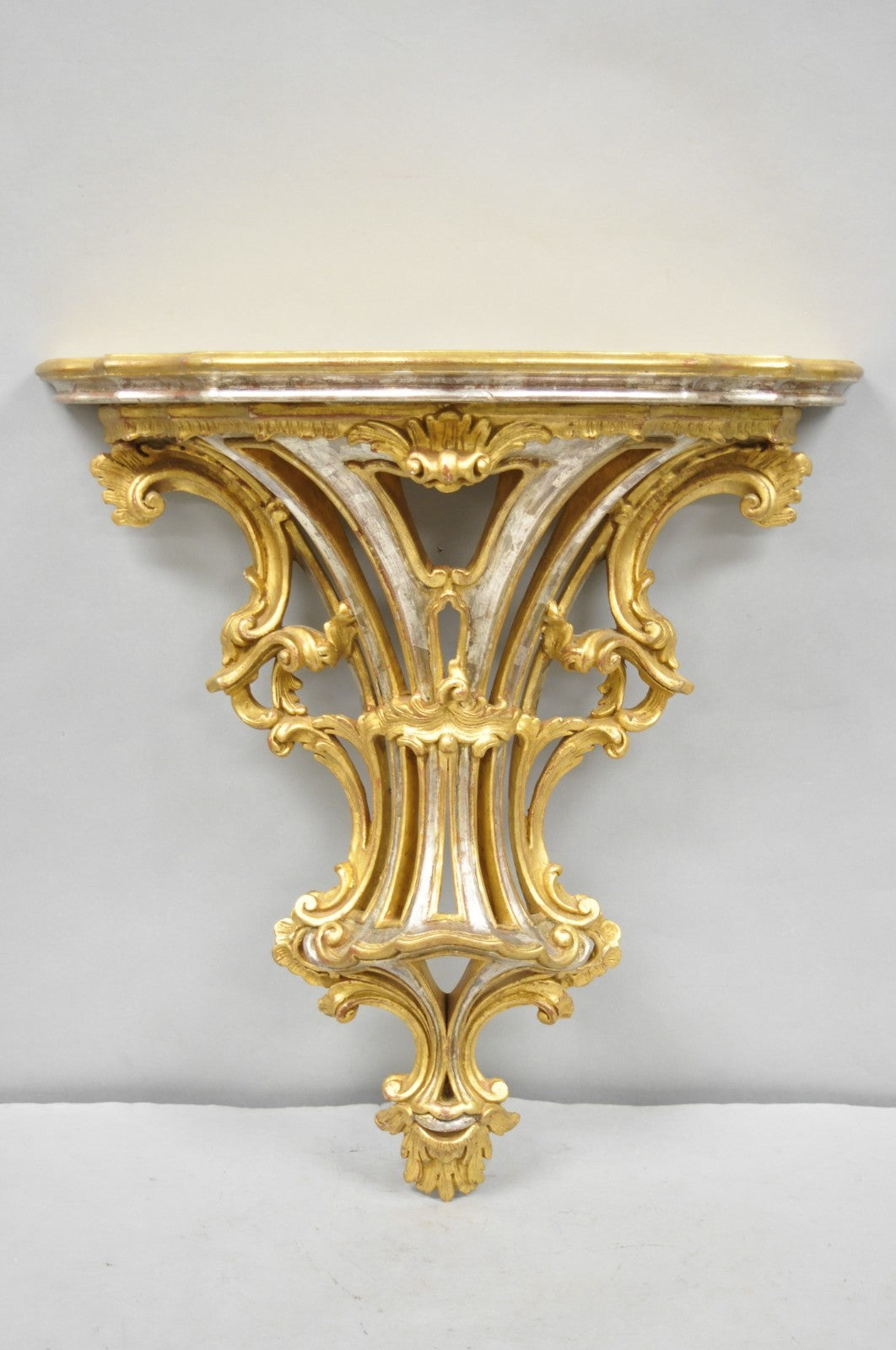 Vintage Italian Rococo Silver & Gold Giltwood Carved Large Wall Shelf Bracket