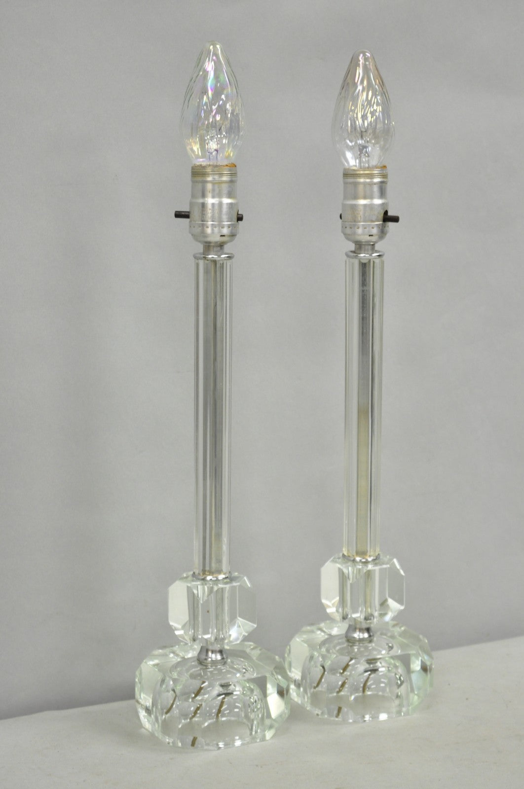 Vintage Art Deco Glass Column Candlestick Small Boudoir Vanity Bedroom Lamp Pair