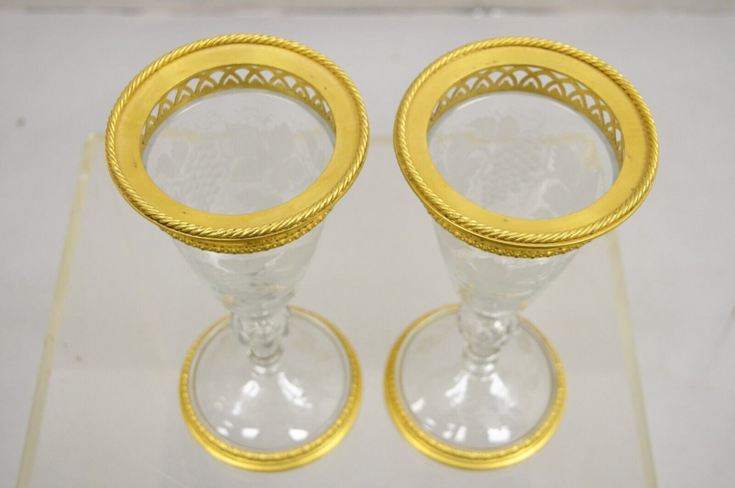 Antique French Louis XV Style Gold Gilt Bronze Crystal Glass Stem Goblet - Pair