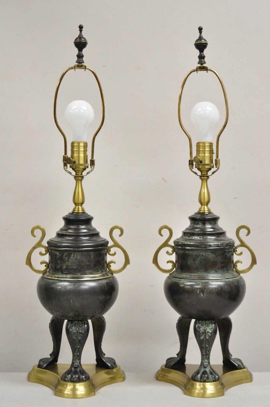 Chinoiserie Asian Verdigris Green Bronze Censor Table Lamp by Wildwood - a Pair