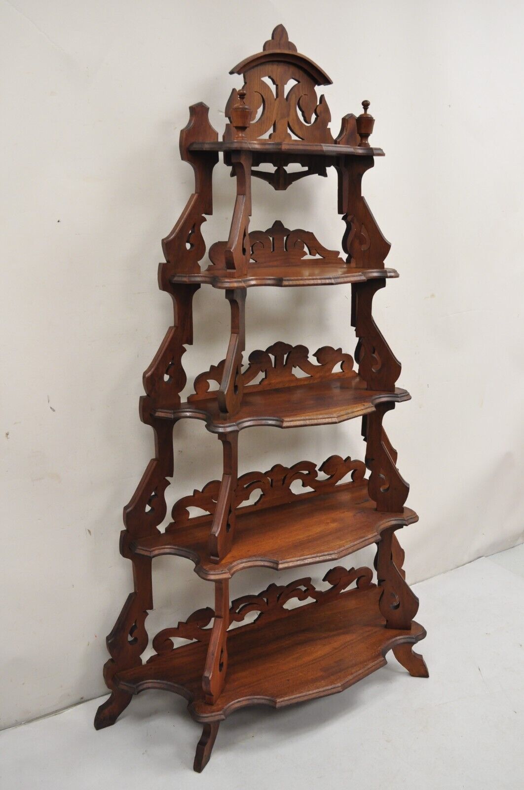 Antique Eastlake Victorian Carved Walnut 5 Tier Etagere Curio Whatnot Stand