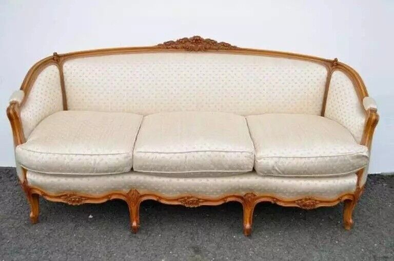 Antique French Louis XV Style Carved Walnut Gold Upholstered Sofa Canape