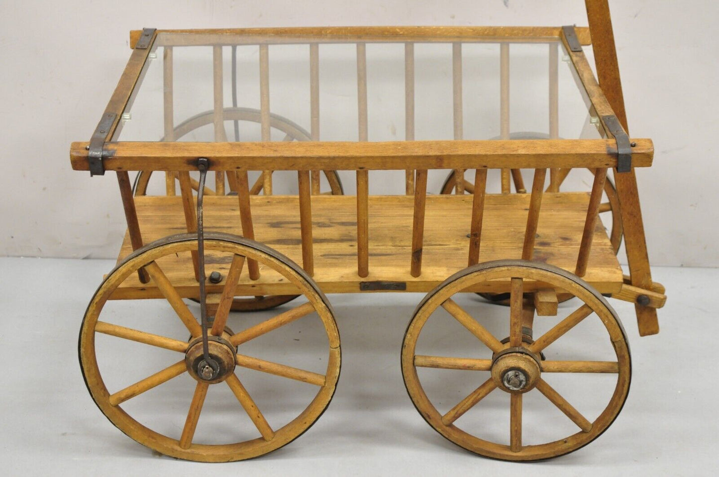 Antique French Primitive Wooden Goat Cart Wagon Farmhouse Glass Top Coffee Table