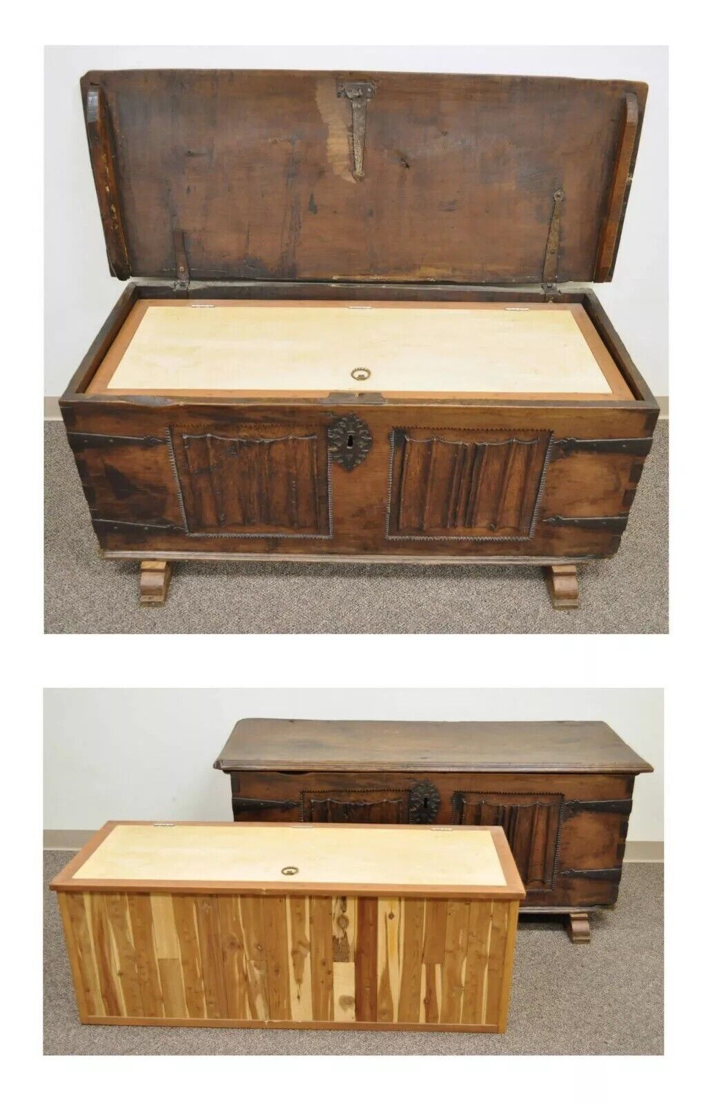 Antique 18th C. Gothic Renaissance Chestnut Large Coffer Blanket Chest Trunk