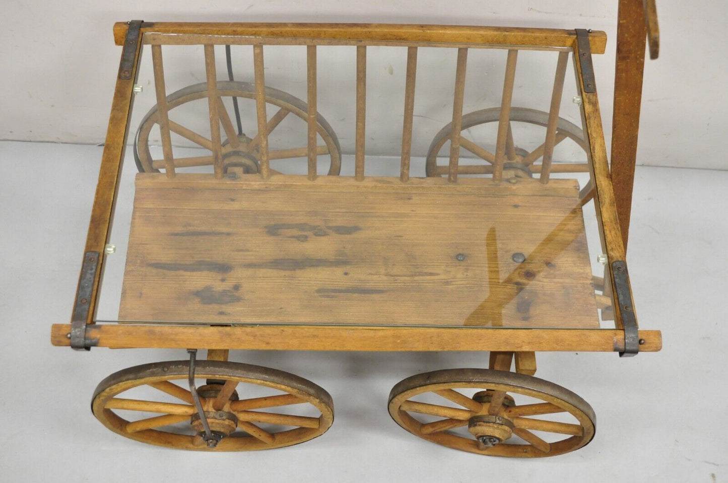 Antique French Primitive Wooden Goat Cart Wagon Farmhouse Glass Top Coffee Table