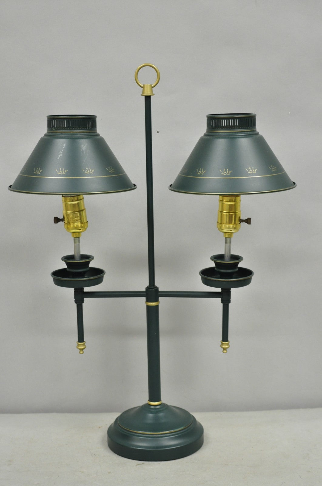 Vintage French Country Green Tole Metal Double Candlestick Table Lamp w/ Shades