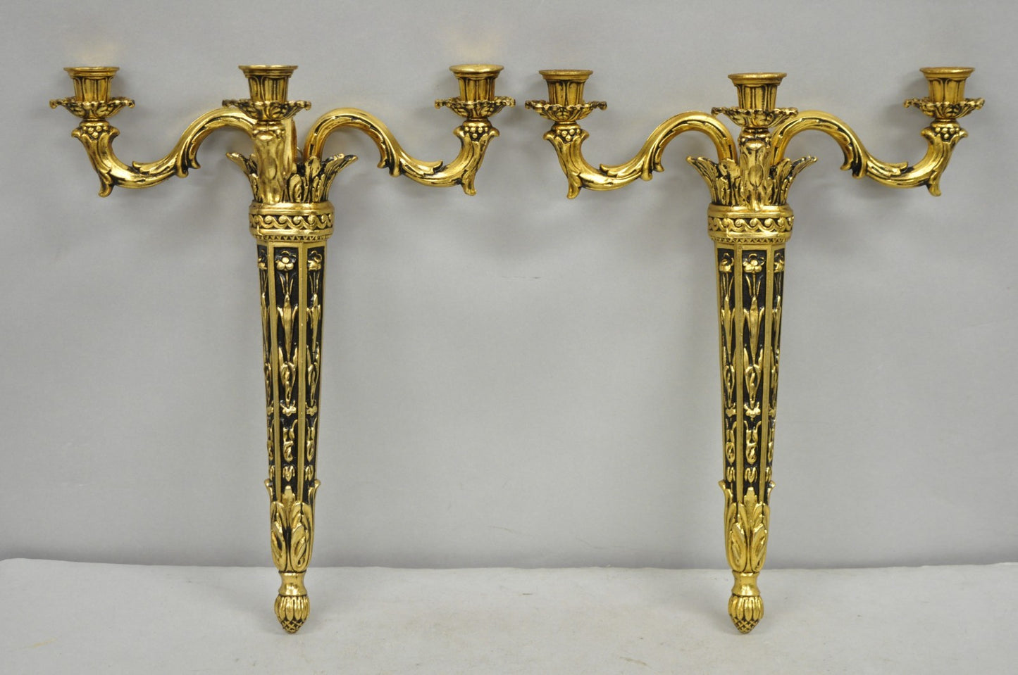 Vintage French Empire Gold Gilt Metal 3 Arm Torch Candelabra Wall Sconces a Pair