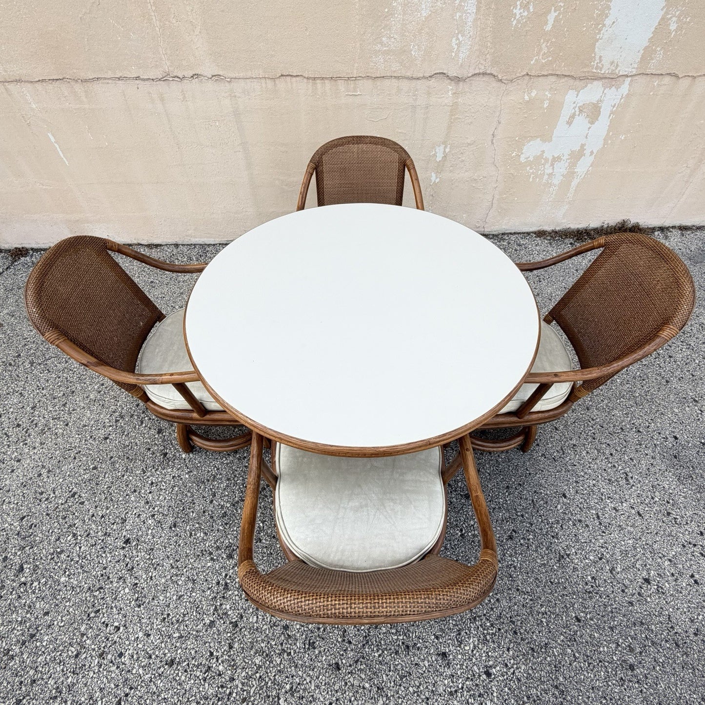 Vintage Hollywood Regency Bentwood Rattan Bamboo Swivel Chair Dining Set - 5 Pcs