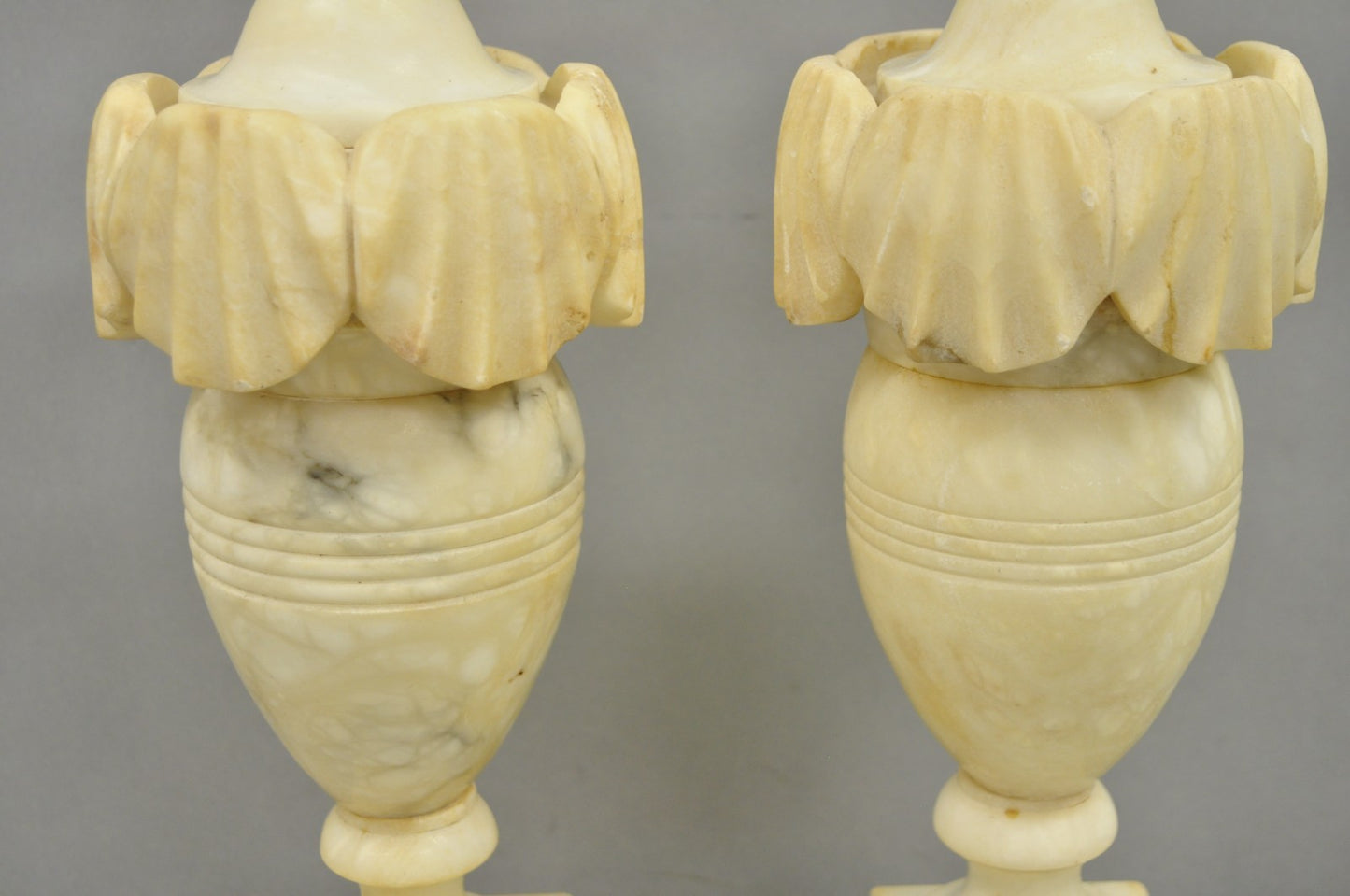 Antique Italian Neoclassical Style Carved Marble Shell Urn Table Lamps - a Pair