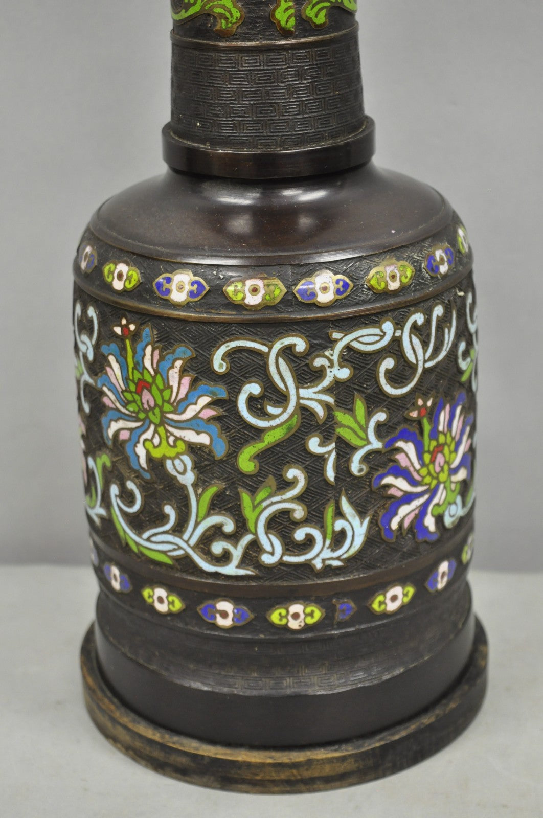 Antique Chinese Bronze Cloisonne Enameled Champleve Chinoiserie Table Lamp