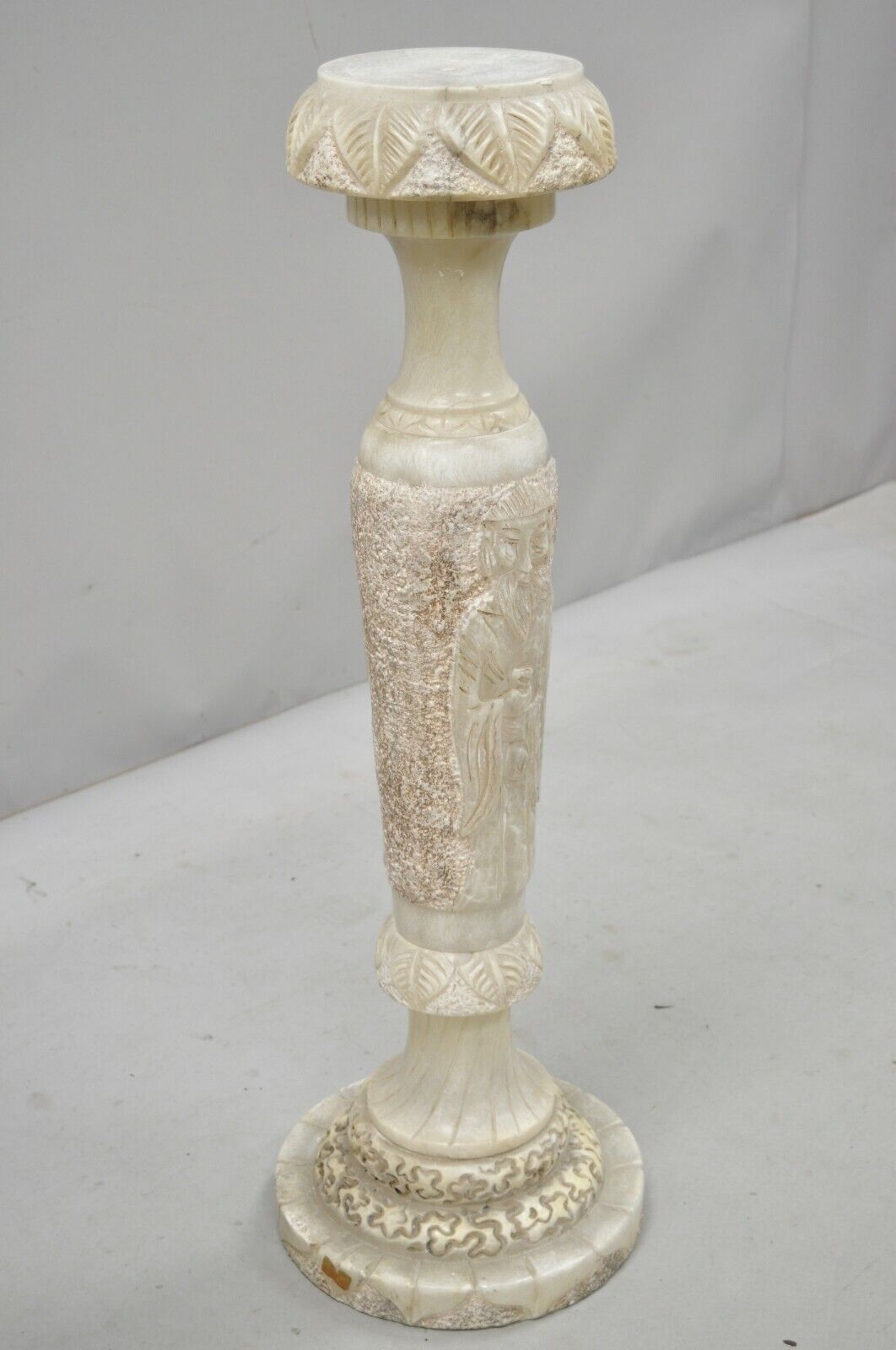 Vintage Chinese Wiseman Carved Alabaster 36" Figural Pedestal Plant Stand