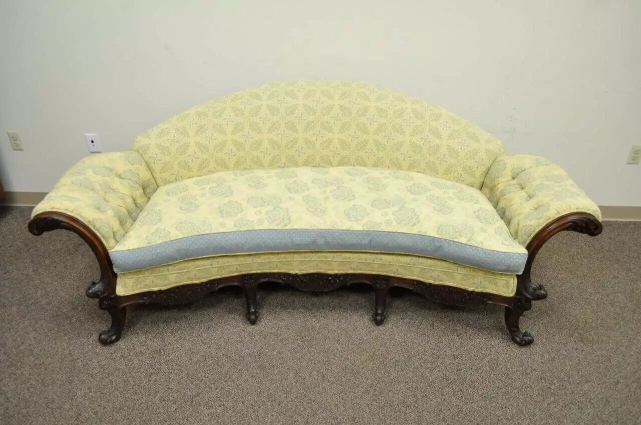 Antique 19th C. Georgian Style Rolled Arm Carved Mahogany Curved Frame Sofa