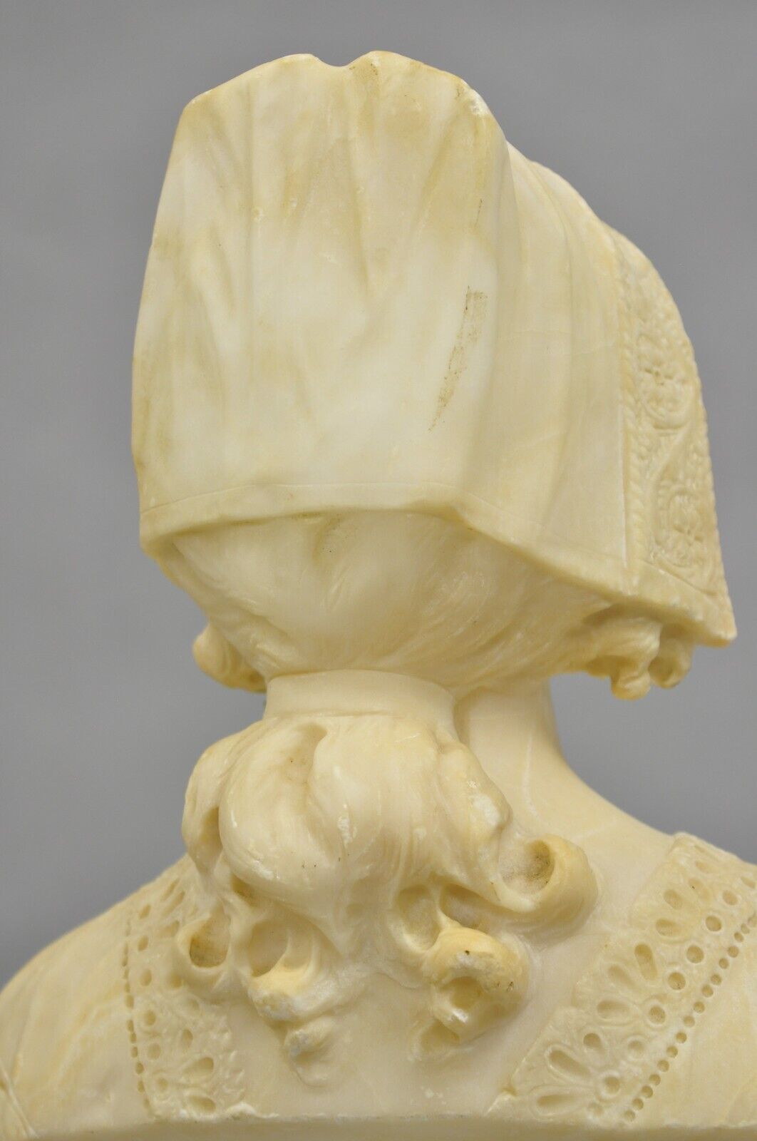 Antique Victorian Carved Alabaster Marble Figural Young Woman Maiden Bust Statue