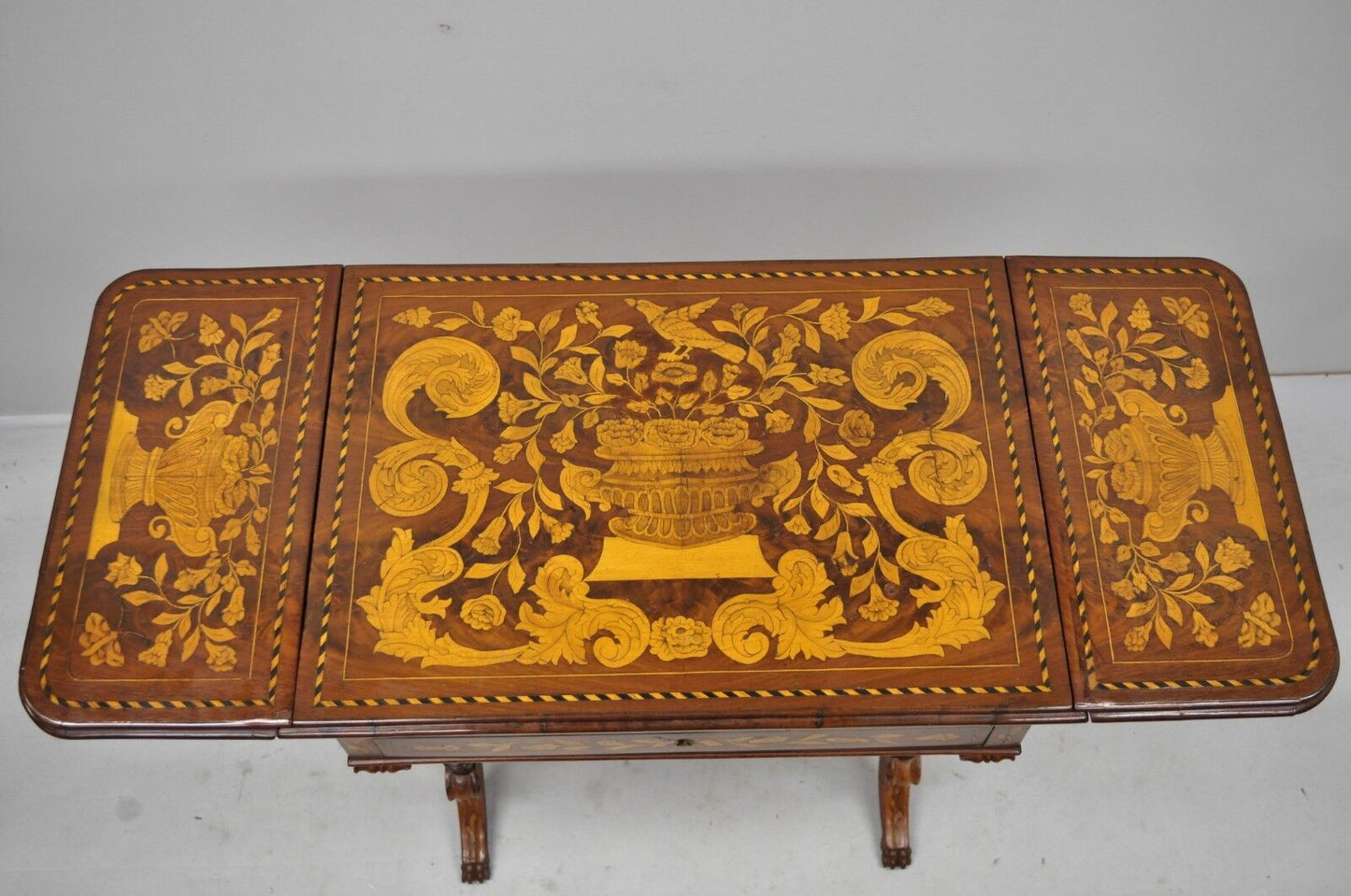 19th C. Dutch Marquetry Inlaid Regency Style Drop Leaf Sewing Stand Work Table