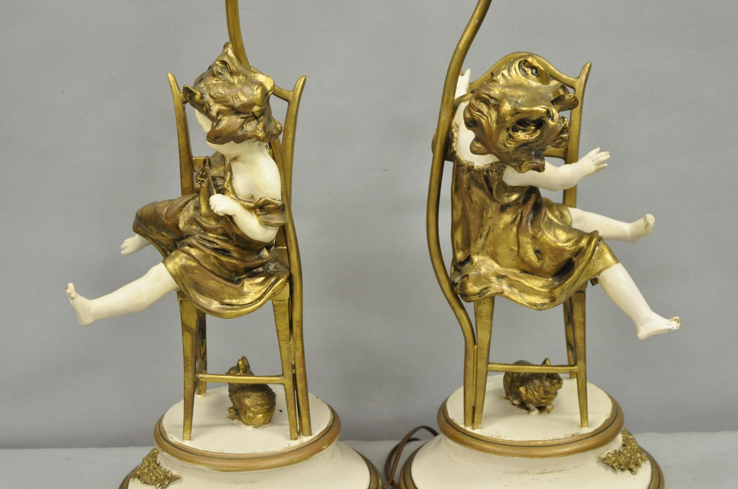 Juan Clara "Girl on Chair Playing with Kittens" Metal Figural Table Lamps - Pair